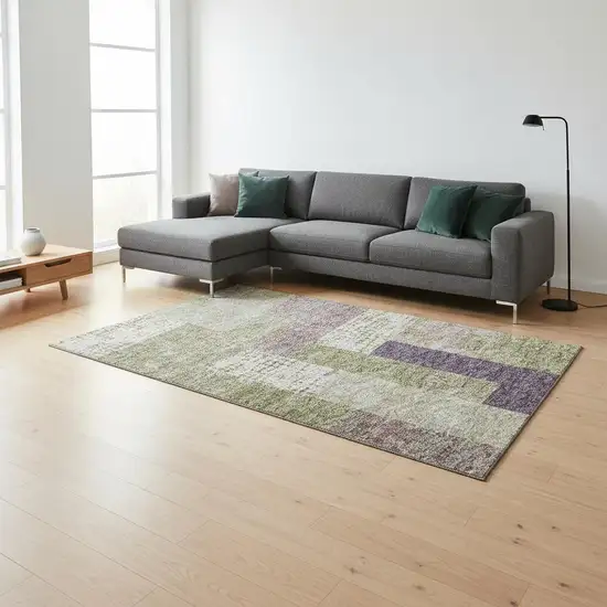 Green Ivory And Purple Geometric Washable Area Rug With UV Protection Photo 2