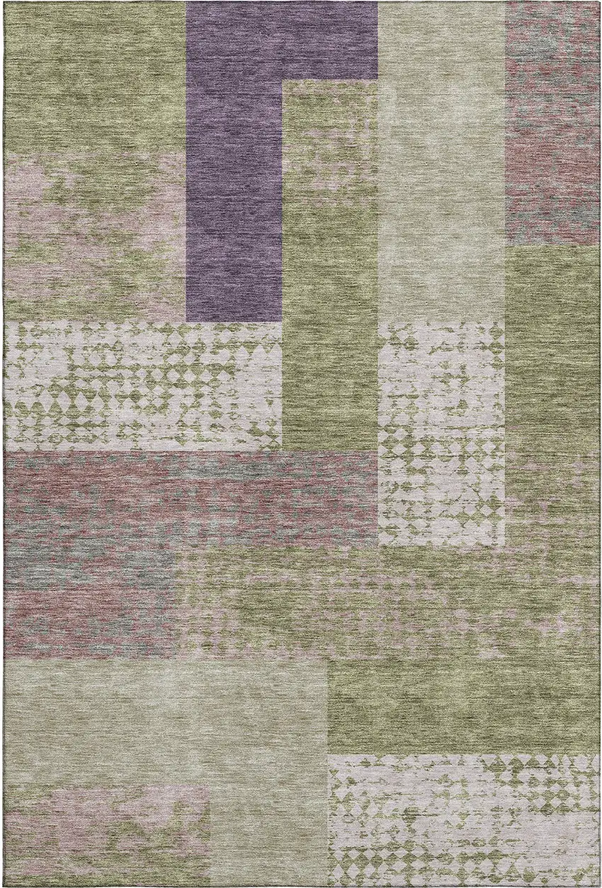 Green Ivory And Purple Geometric Washable Area Rug With UV Protection Photo 1