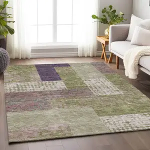 Photo of Green Ivory And Purple Geometric Washable Area Rug With UV Protection