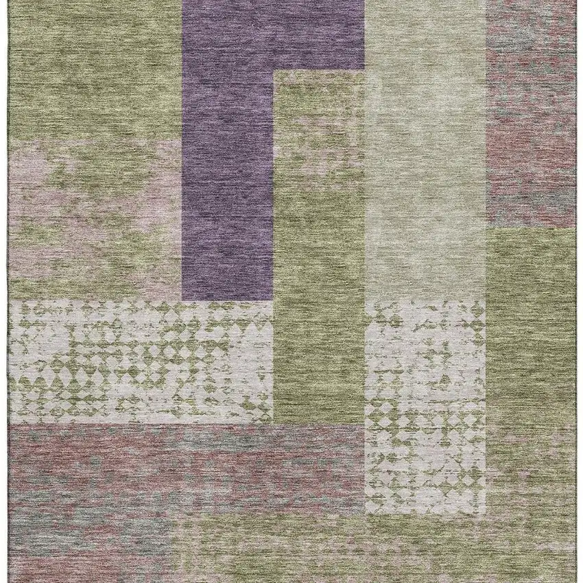 Green Ivory And Purple Geometric Washable Area Rug With UV Protection Photo 2