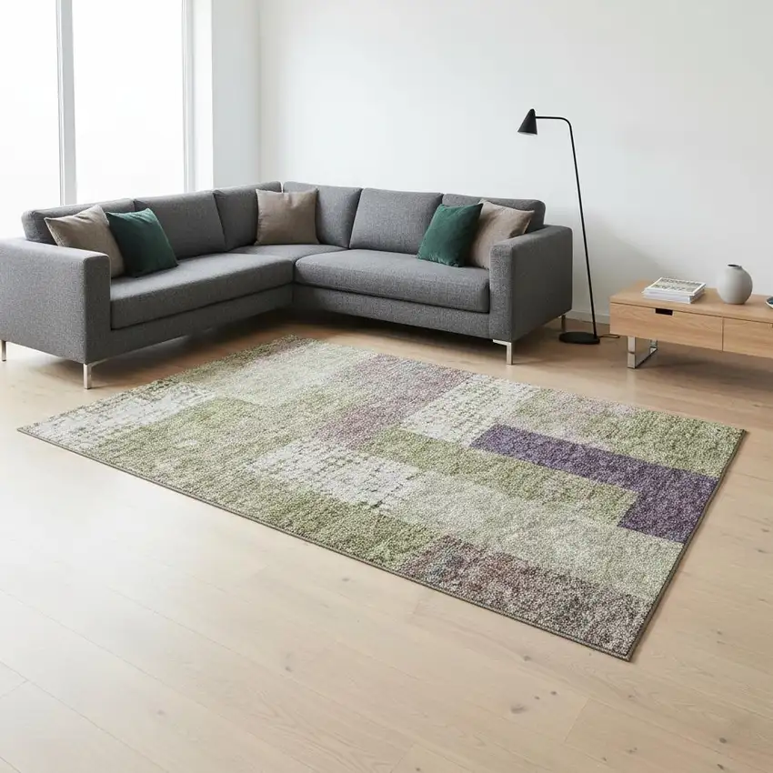 Green Ivory And Purple Geometric Washable Area Rug With UV Protection Photo 2