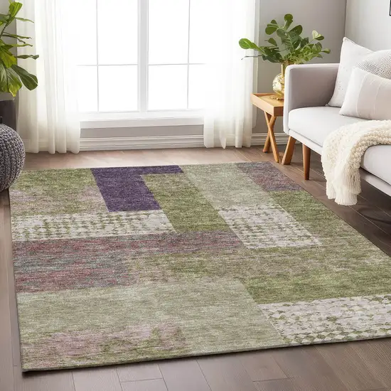 Green Ivory And Purple Geometric Washable Area Rug With UV Protection Photo 4