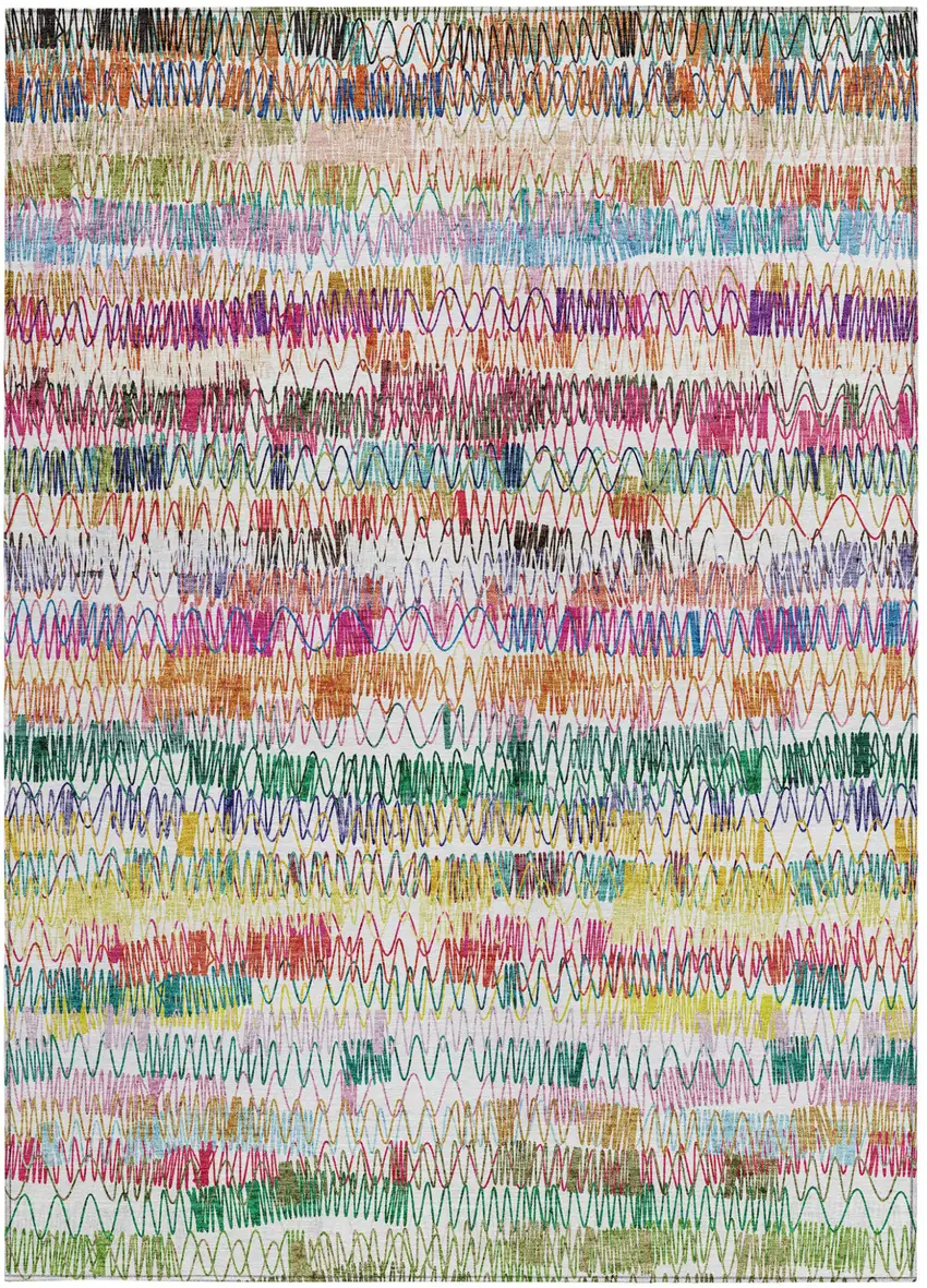 Green Ivory And Purple Striped Washable Indoor Outdoor Area Rug Photo 7