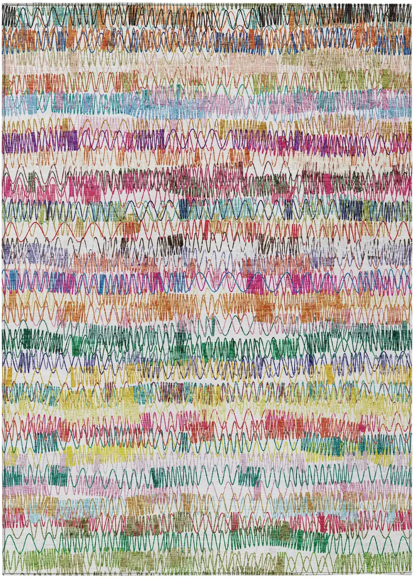 Green Ivory And Purple Striped Washable Indoor Outdoor Area Rug Photo 2