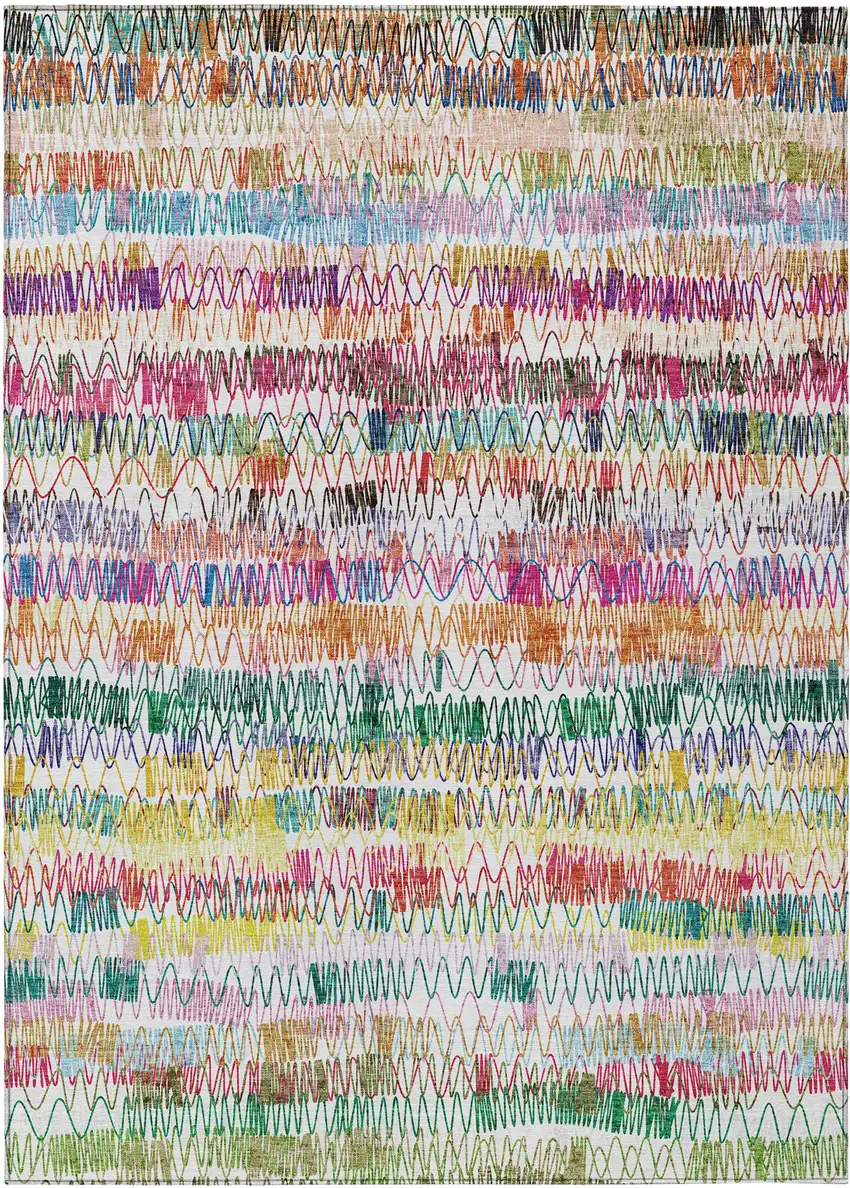Green Ivory And Purple Striped Washable Indoor Outdoor Area Rug Photo 2