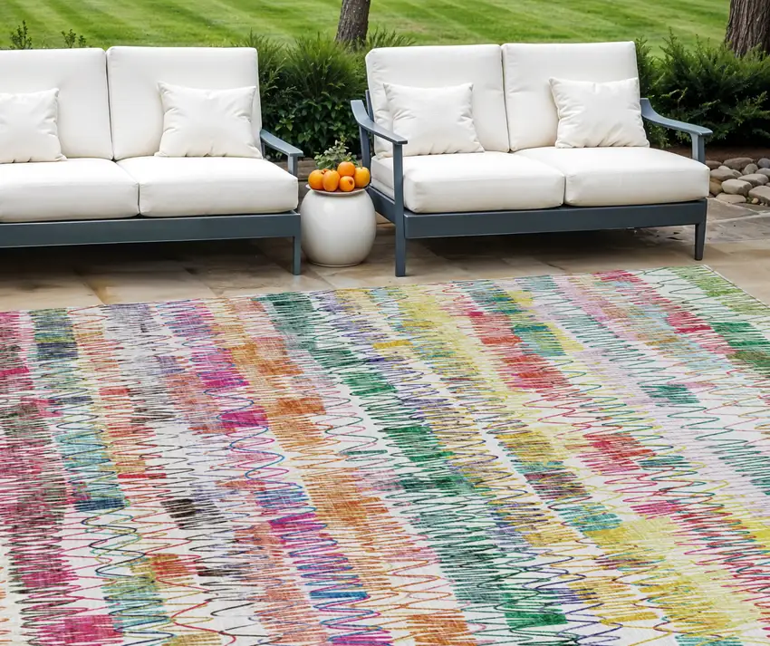 Green Ivory And Purple Striped Washable Indoor Outdoor Area Rug Photo 1