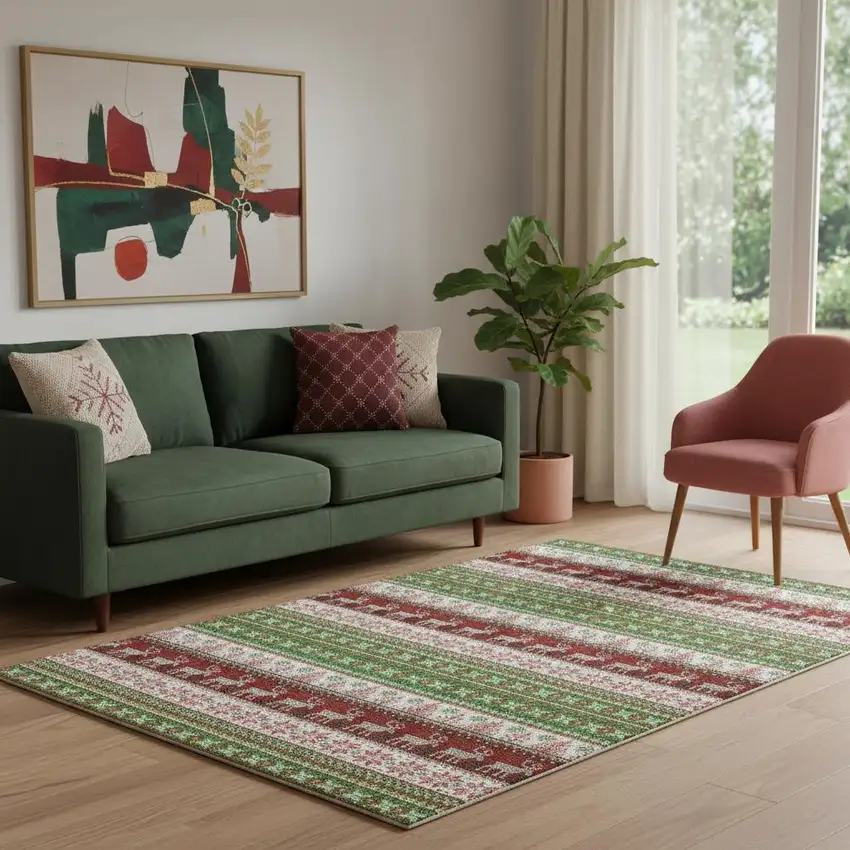 Green Ivory And Red Abstract Geometric Washable Area Rug With UV Protection Photo 2