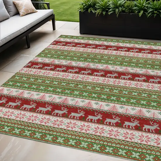 Green Ivory And Red Animal Print Washable Indoor Outdoor Area Rug Photo 2