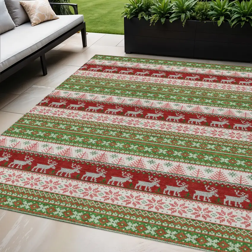 Green Ivory And Red Animal Print Washable Indoor Outdoor Area Rug Photo 2