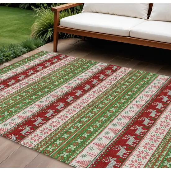 Green Ivory And Red Animal Print Washable Indoor Outdoor Area Rug Photo 2