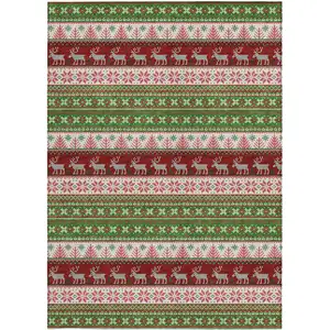 Photo of Green Ivory And Red Animal Print Washable Indoor Outdoor Area Rug