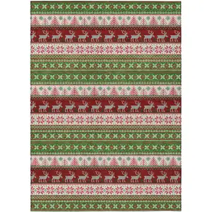 Photo of Green Ivory And Red Animal Print Washable Indoor Outdoor Area Rug