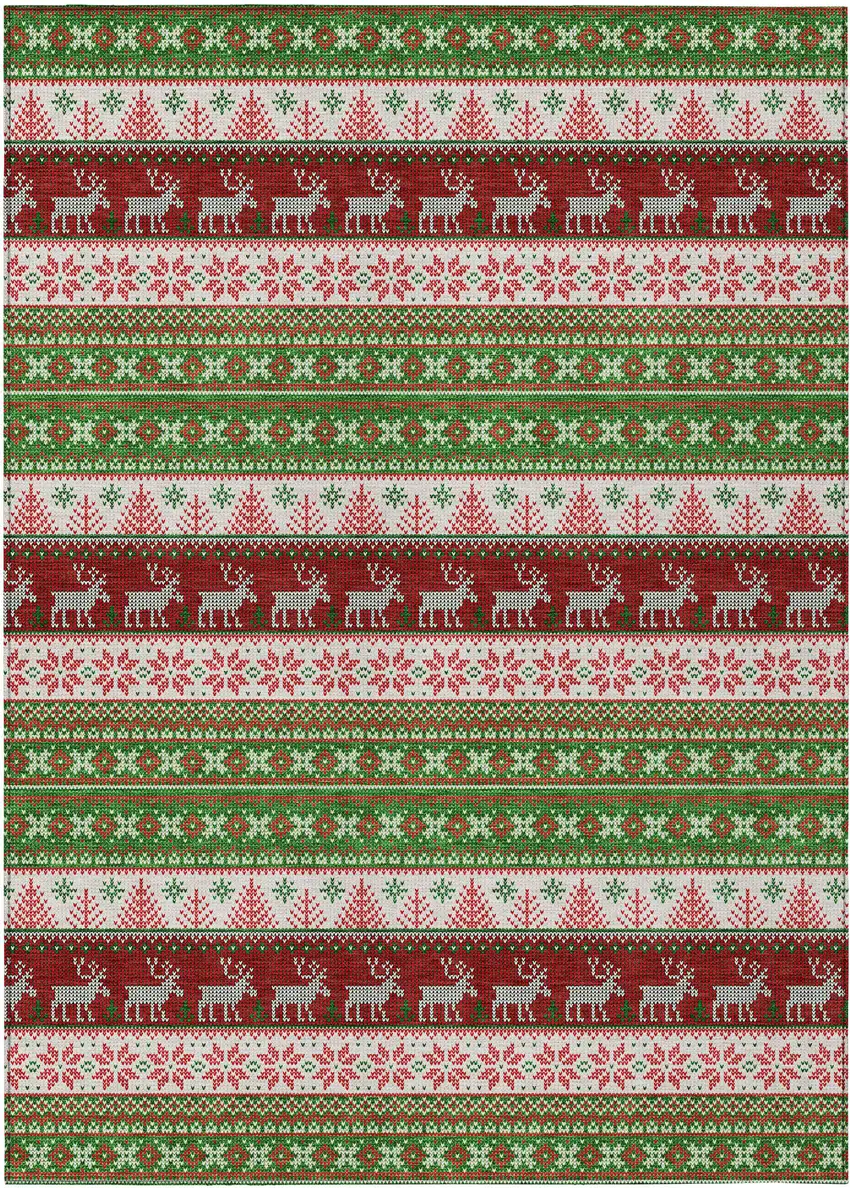 Green Ivory And Red Animal Print Washable Indoor Outdoor Area Rug Photo 1