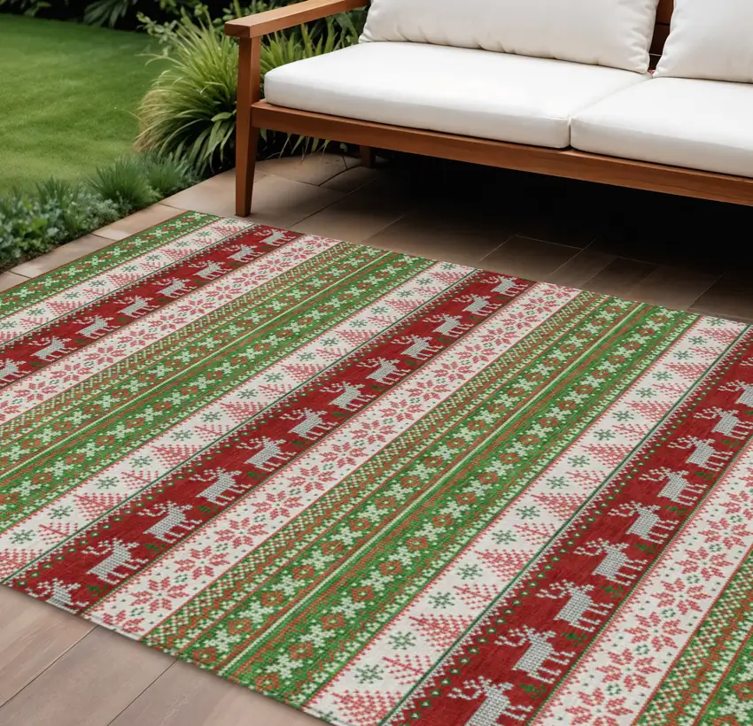 Green Ivory And Red Animal Print Washable Indoor Outdoor Area Rug Photo 2