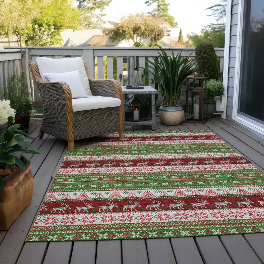 Green Ivory And Red Animal Print Washable Indoor Outdoor Area Rug Photo 8