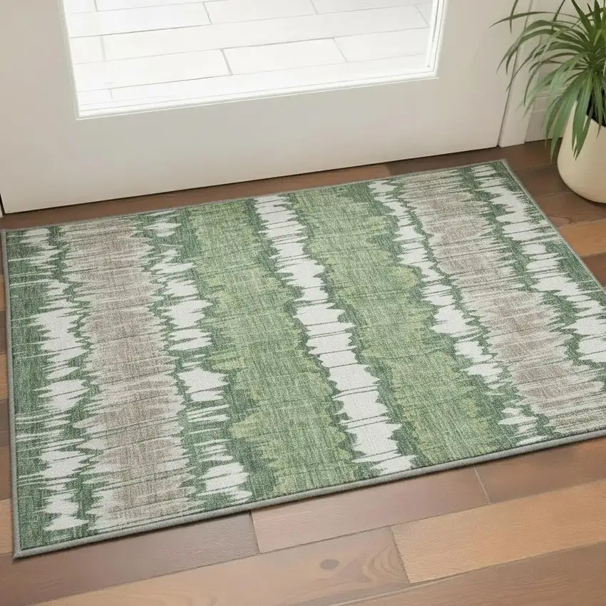 Green Ivory And Taupe Striped Washable Area Rug With UV Protection Photo 2