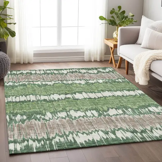 Green Ivory And Taupe Striped Washable Area Rug With UV Protection Photo 5