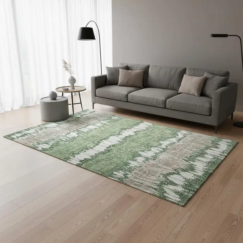 Green Ivory And Taupe Striped Washable Area Rug With UV Protection Photo 2