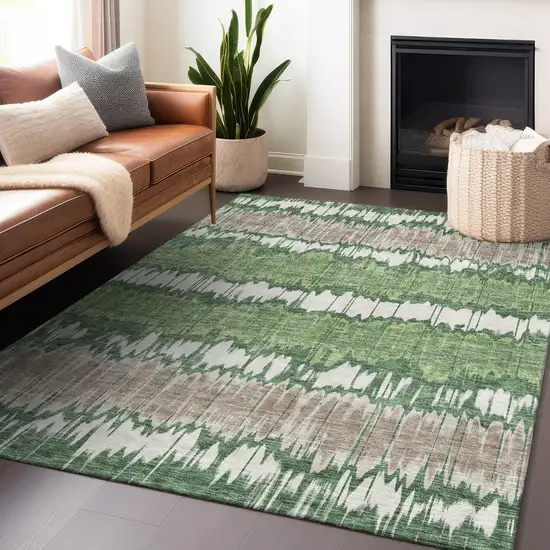 Green Ivory And Taupe Striped Washable Area Rug With UV Protection Photo 6