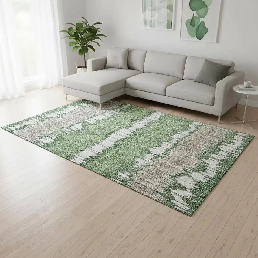 Green Ivory And Taupe Striped Washable Area Rug With UV Protection Photo 2