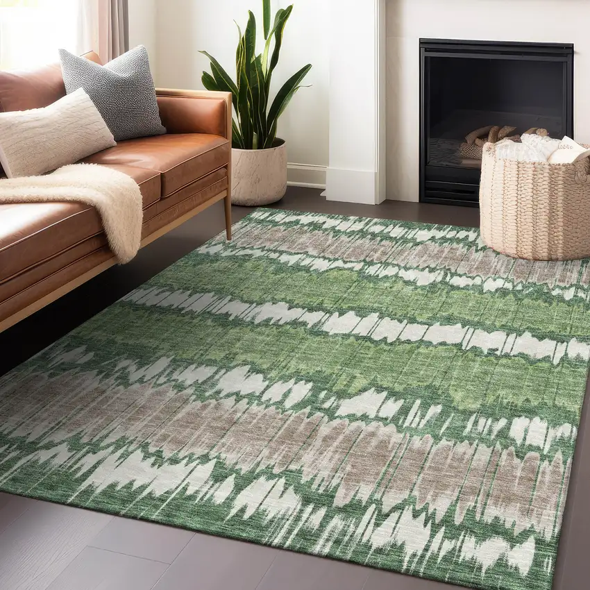 Green Ivory And Taupe Striped Washable Area Rug With UV Protection Photo 6
