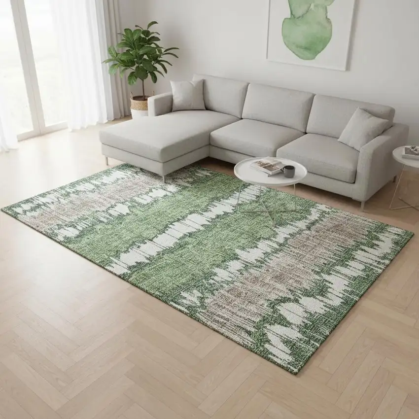 Green Ivory And Taupe Striped Washable Area Rug With UV Protection Photo 2