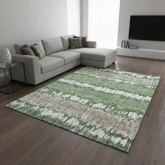 Green Ivory And Taupe Striped Washable Area Rug With UV Protection Photo 2