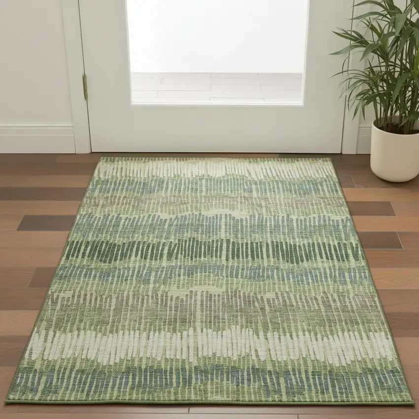 Green Ivory And Taupe Striped Washable Area Rug With UV Protection Photo 2