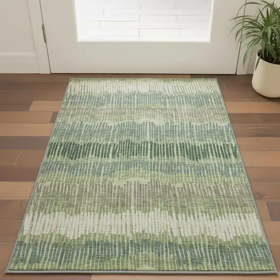Green Ivory And Taupe Striped Washable Area Rug With UV Protection Photo 2