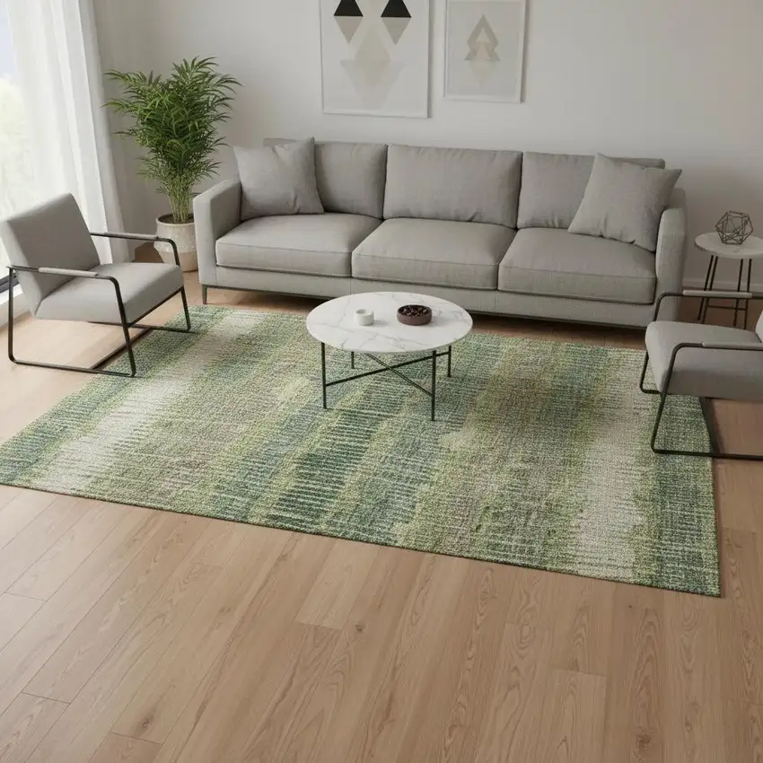 Green Ivory And Taupe Striped Washable Area Rug With UV Protection Photo 2