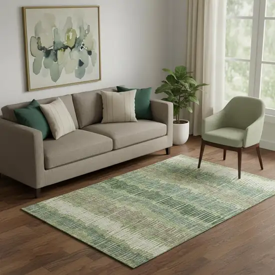 Green Ivory And Taupe Striped Washable Area Rug With UV Protection Photo 1
