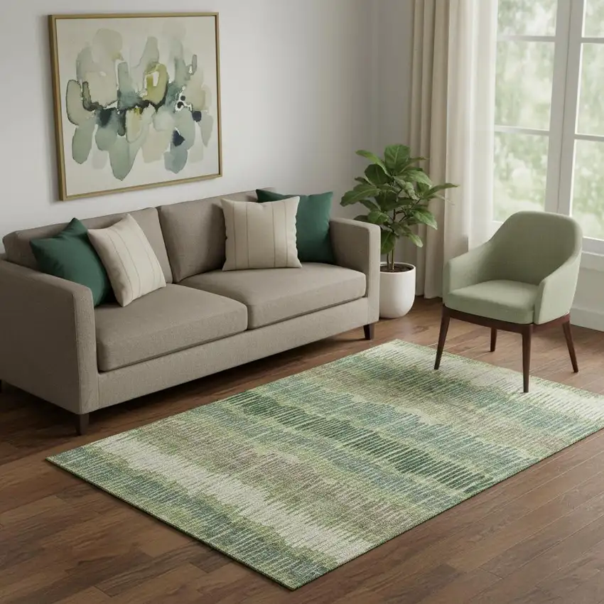 Green Ivory And Taupe Striped Washable Area Rug With UV Protection Photo 1
