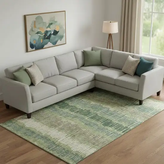 Green Ivory And Taupe Striped Washable Area Rug With UV Protection Photo 1