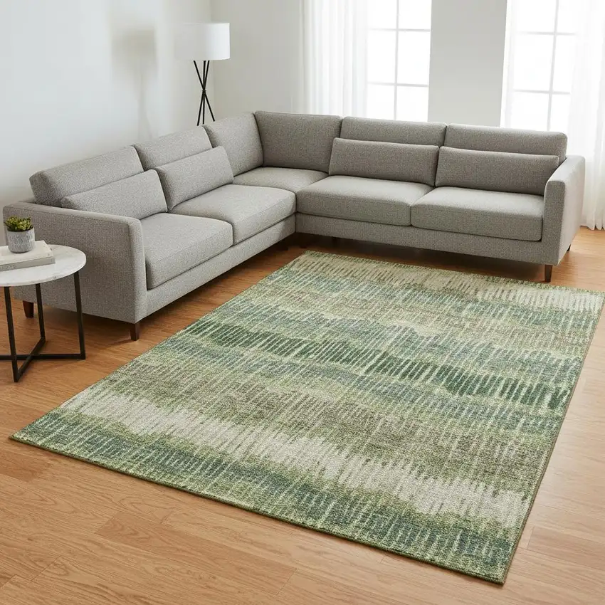 Green Ivory And Taupe Striped Washable Area Rug With UV Protection Photo 2
