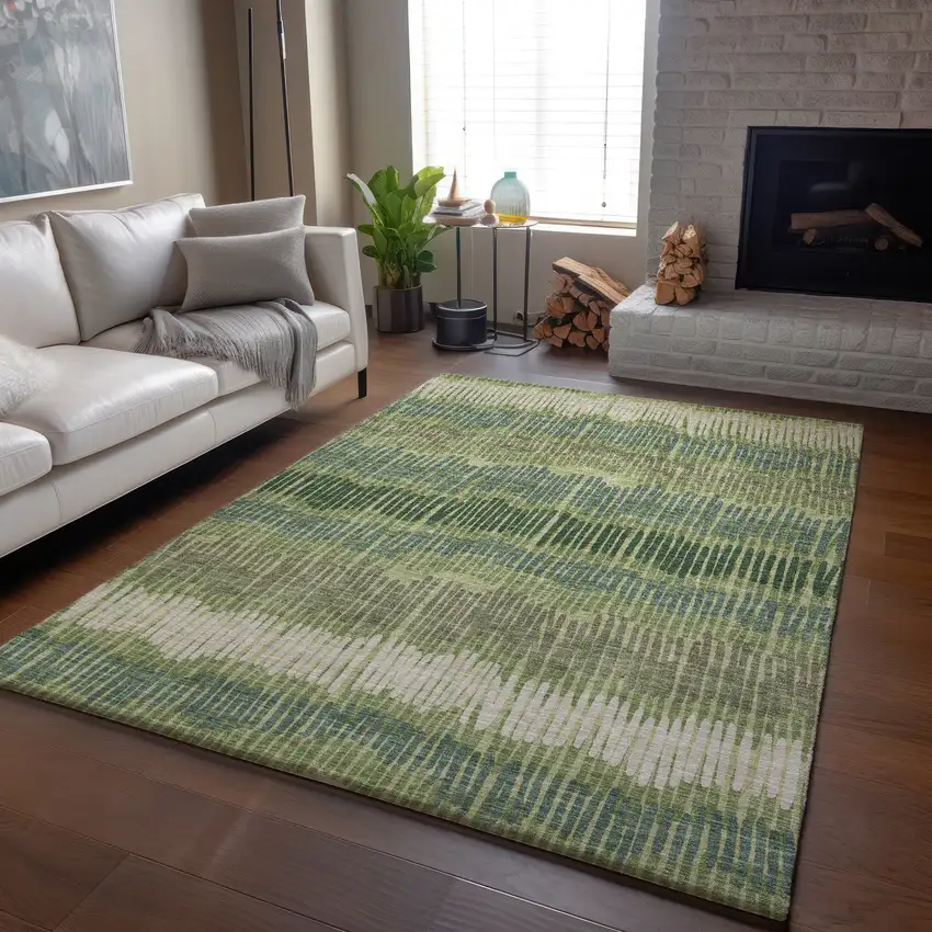Green Ivory And Taupe Striped Washable Area Rug With UV Protection Photo 6