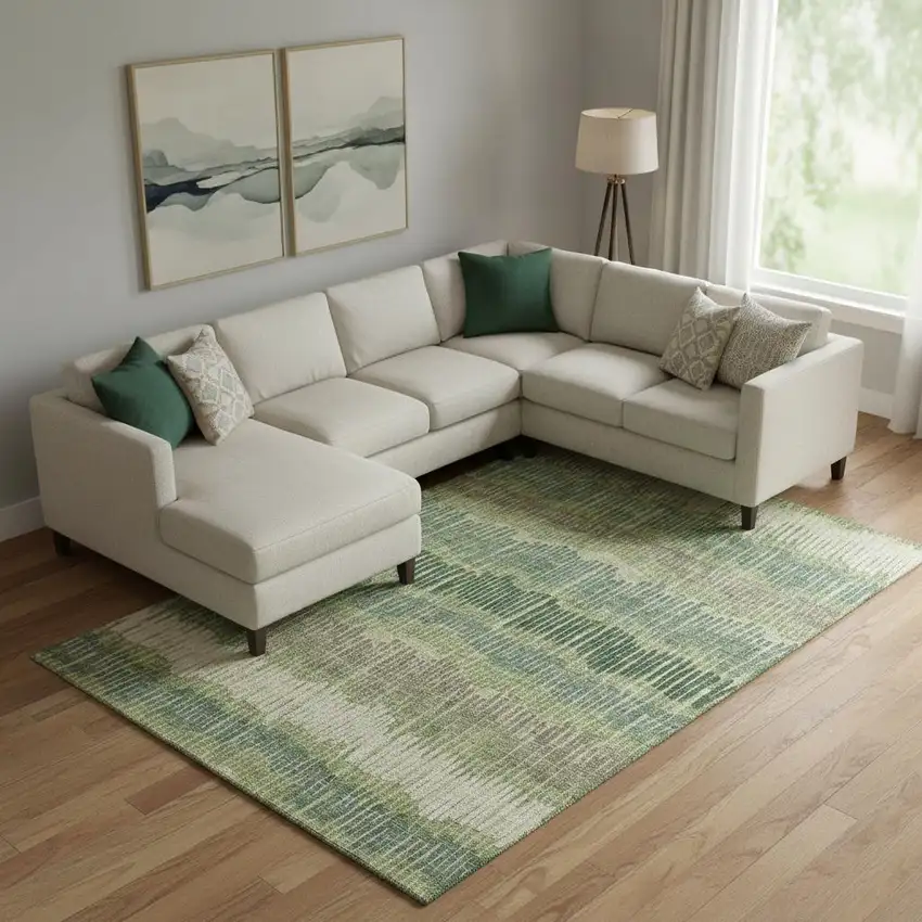 Green Ivory And Taupe Striped Washable Area Rug With UV Protection Photo 1