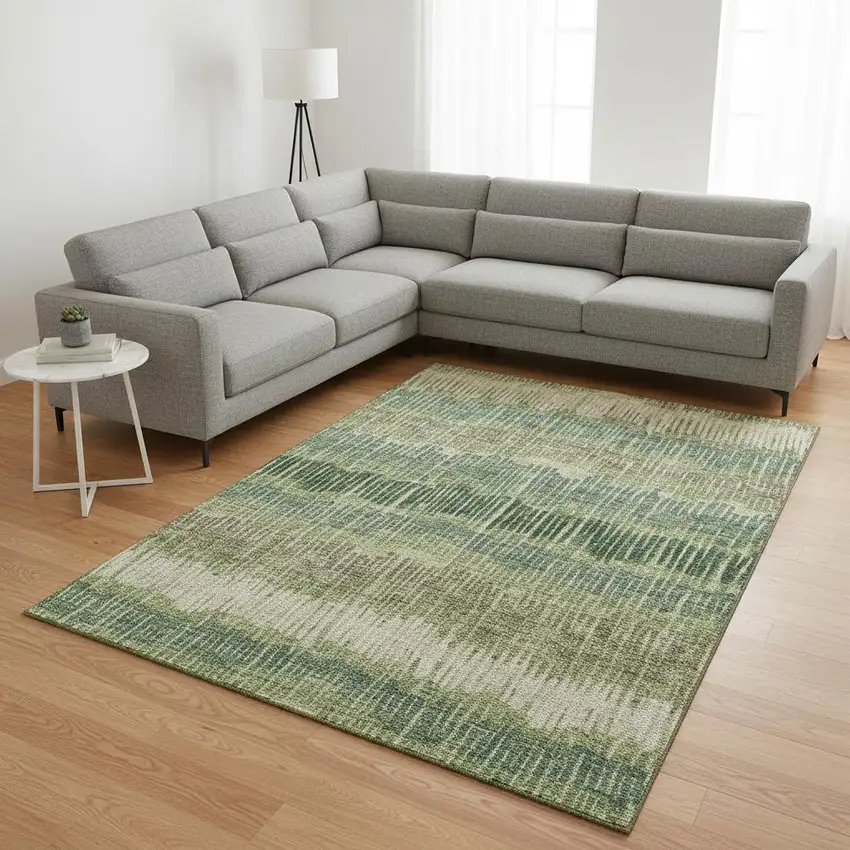 Green Ivory And Taupe Striped Washable Area Rug With UV Protection Photo 2
