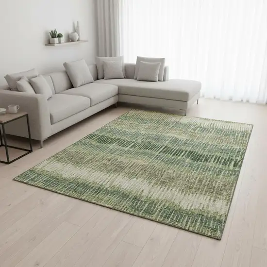 Green Ivory And Taupe Striped Washable Area Rug With UV Protection Photo 2