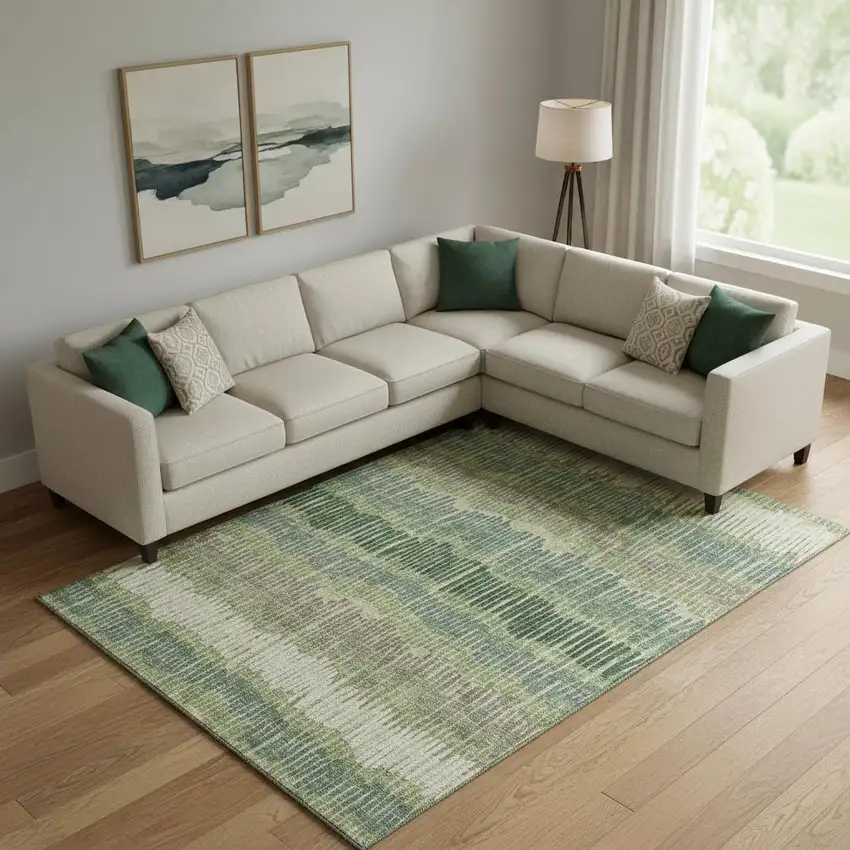 Green Ivory And Taupe Striped Washable Area Rug With UV Protection Photo 1
