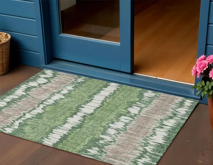 Green Ivory And Taupe Striped Washable Indoor Outdoor Area Rug Photo 1
