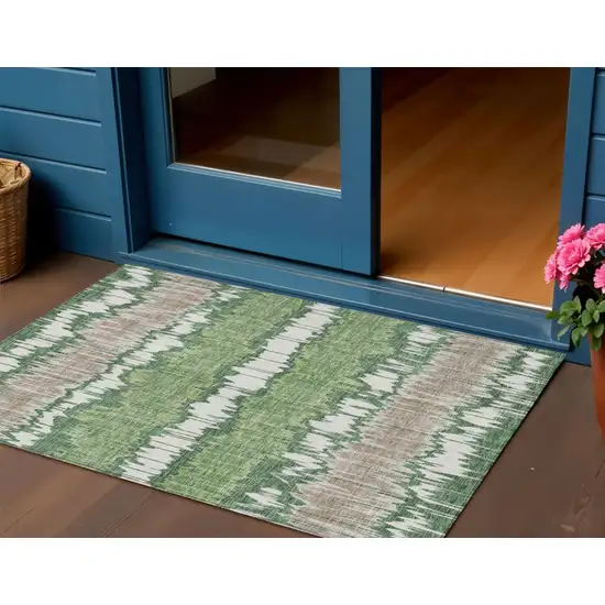 Green Ivory And Taupe Striped Washable Indoor Outdoor Area Rug Photo 1