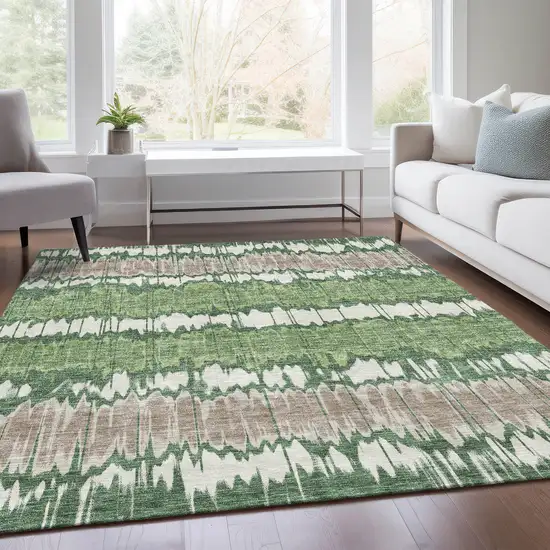 Green Ivory And Taupe Striped Washable Indoor Outdoor Area Rug Photo 6