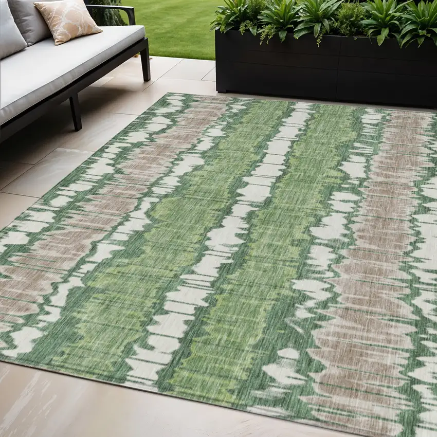 Green Ivory And Taupe Striped Washable Indoor Outdoor Area Rug Photo 1