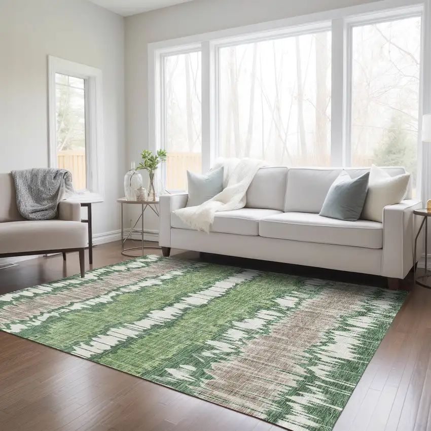 Green Ivory And Taupe Striped Washable Indoor Outdoor Area Rug Photo 7