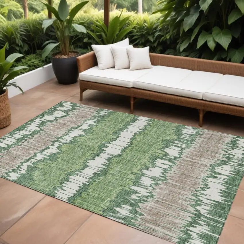 Green Ivory And Taupe Striped Washable Indoor Outdoor Area Rug Photo 1