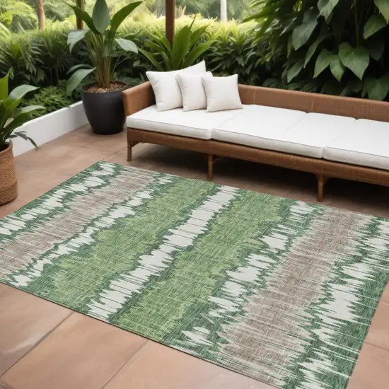 Green Ivory And Taupe Striped Washable Indoor Outdoor Area Rug Photo 1