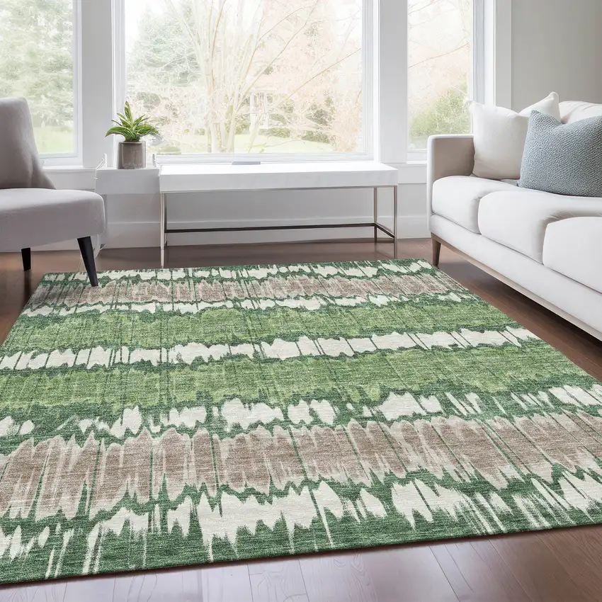 Green Ivory And Taupe Striped Washable Indoor Outdoor Area Rug Photo 6