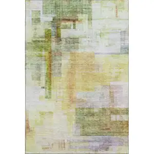 Photo of Green Ivory Gold And Purple Abstract Geometric Washable Area Rug With UV Protection