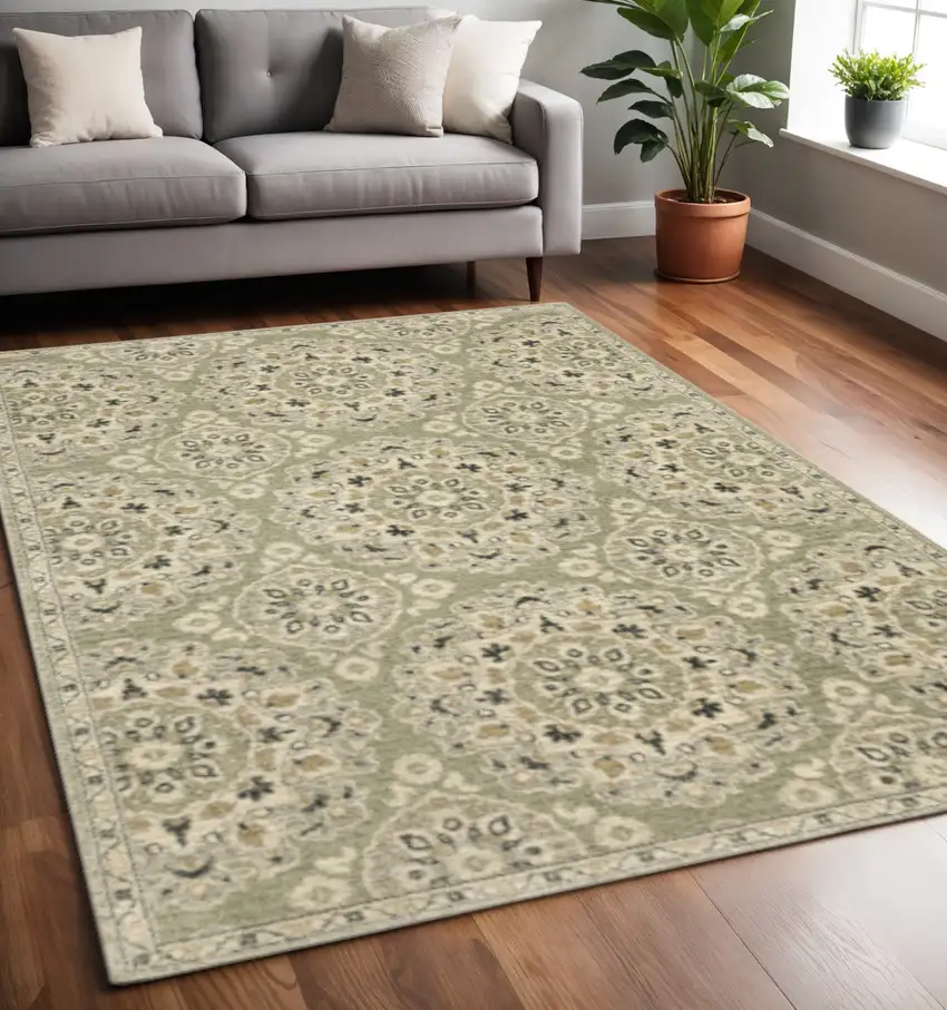 Green Ivory Grey And Tan Floral Power Loom Stain Resistant Area Rug Photo 1