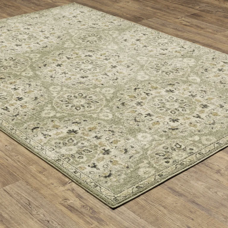 Green Ivory Grey And Tan Floral Power Loom Stain Resistant Area Rug Photo 5
